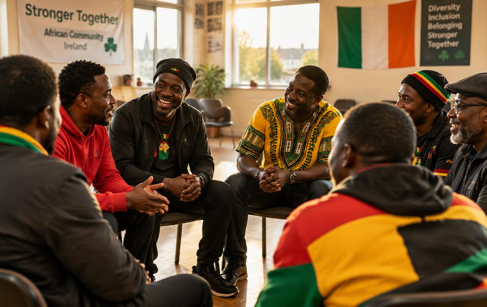Men sitting in a circle talking at a community gathering